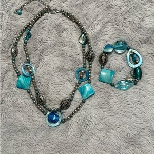 Turquoise and Silver Beaded Necklace and Bracelet Set
